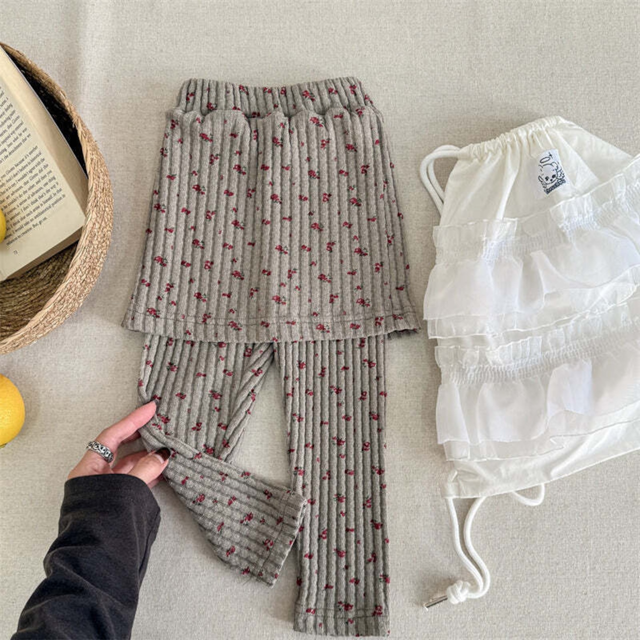 夏花柄レイヤード風ボトムス