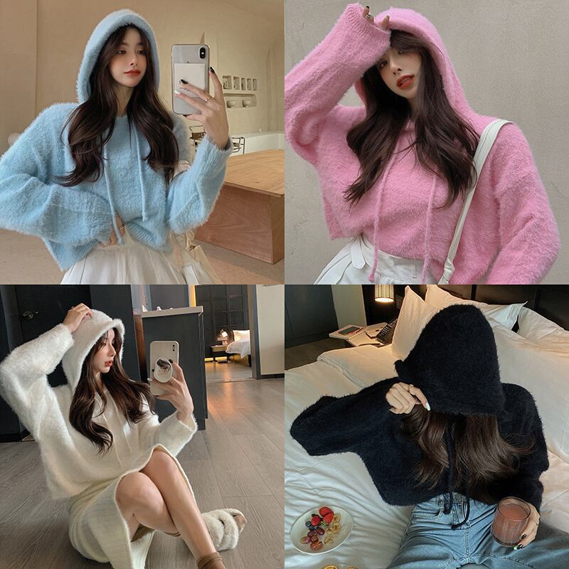 ウールセーター コート フードルーズショートニットスプリングオータム薄手トップス 春物 秋物 ブラックストロベリース99659509337