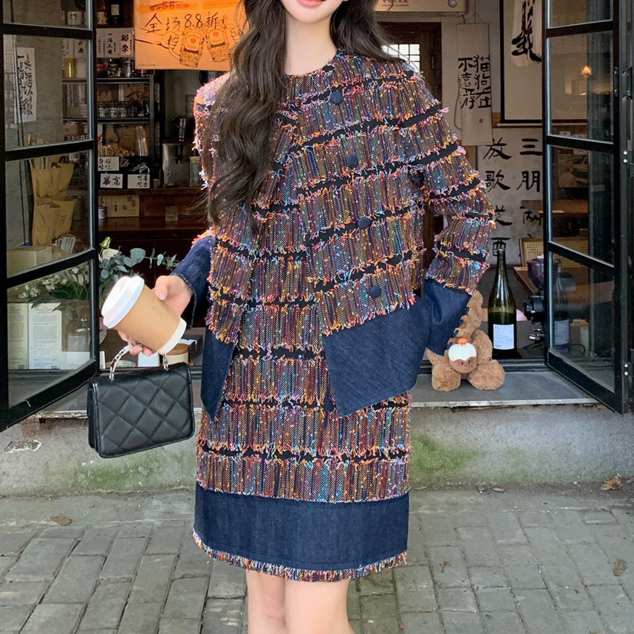 Tweed x denim design jacket & dress set S1720