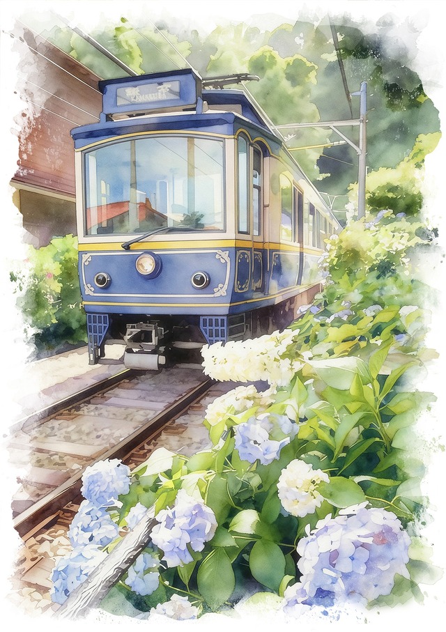 絵画 風景画(街並み) 日本 神奈川県 鎌倉 紫陽花と江ノ島電鉄（江ノ電） インテリアアート額付き 水彩画・油絵風 WAT1440