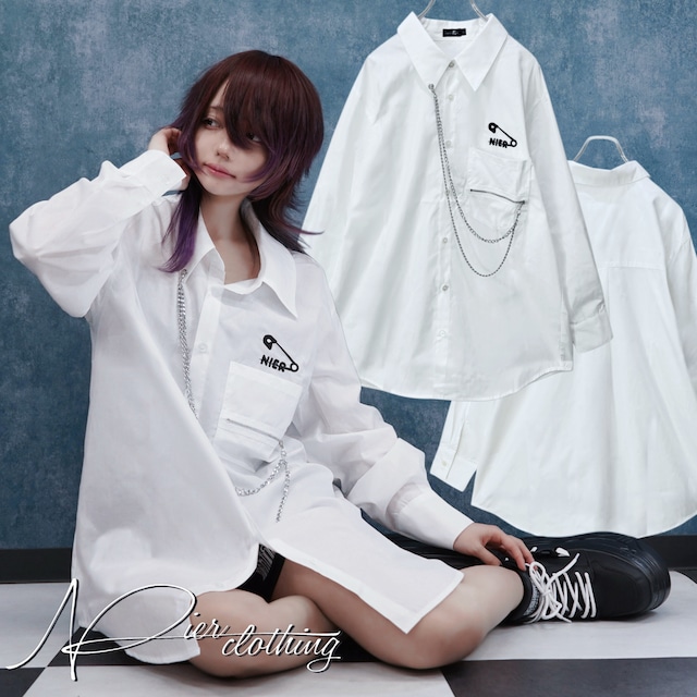 《先着39点限定お盆半額SALE新作》刺繍SAFETY PIN DESIGN WHITE SHIRT【チェーン付き】