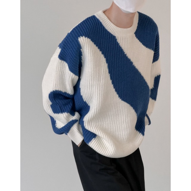 asymmetrical pattern crew neck big silhouette knit mr0137