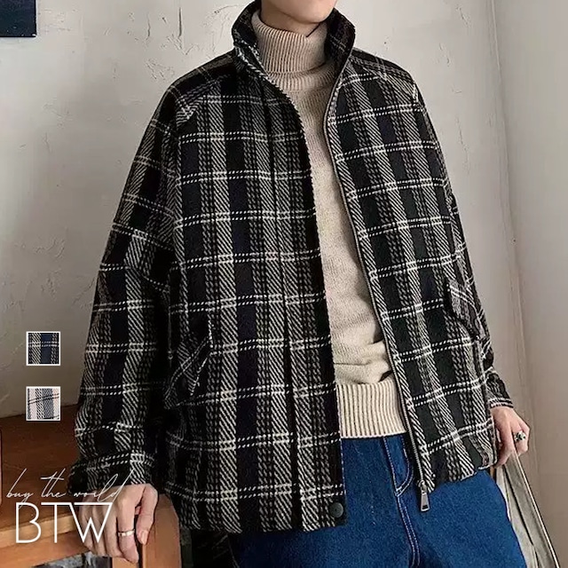 【韓国メンズファッション】チェック柄ジップアップジャケット 大人 クール きれいめ スタンドカラー ユニセックス BW2350