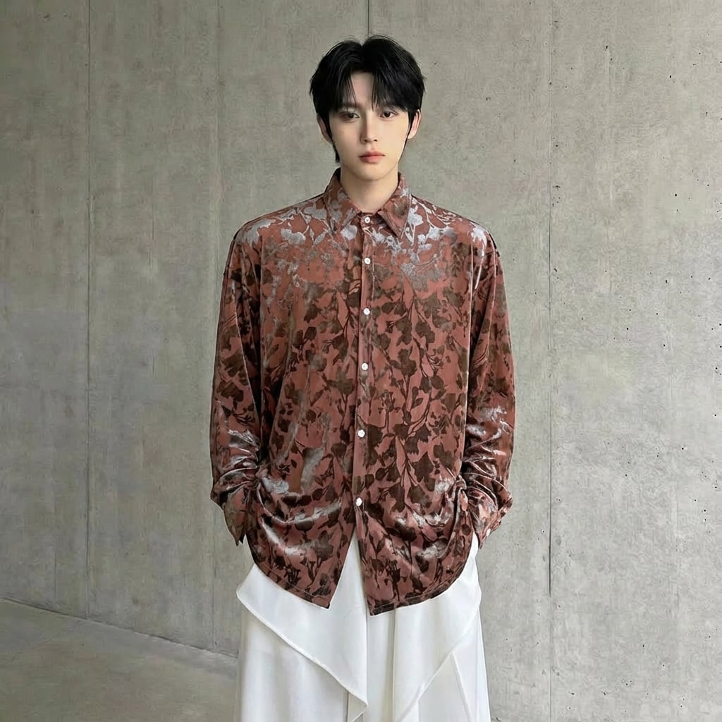 ベルベット フラワー柄シャツ D11496