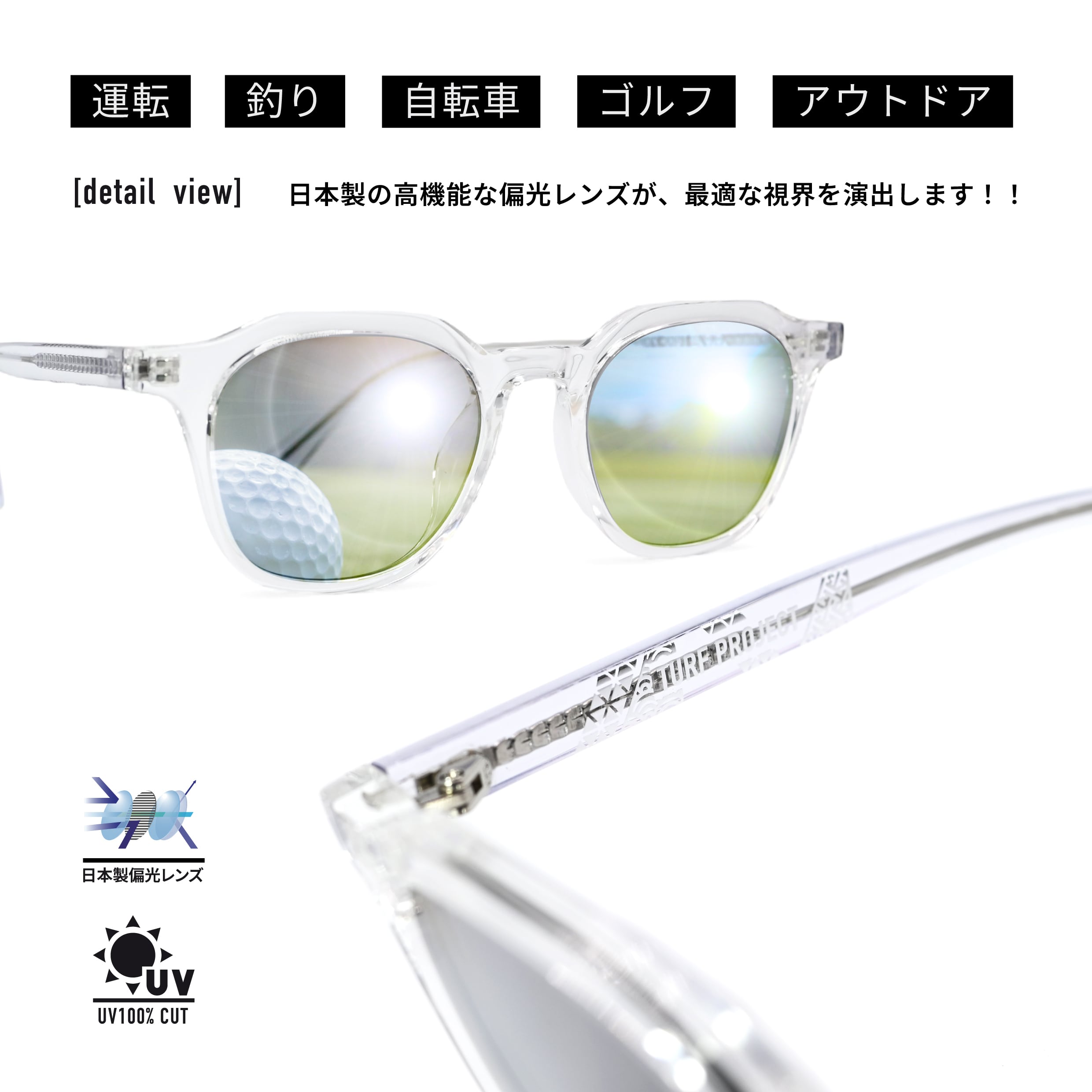 TURF PROJECT偏光サングラス(日本製偏光レンズ搭載)  ［クラウンパント］男女兼用  運を呼ぶ和柄デザイン付き  軽量アジアンフィット  UV100％カット/UV400    ケース付き  ゴルフ/普段使い/アウトドア/サイクリング/ドライブ/運転 / 形：クラウンパント　色：クリアー　レンズ：ライトグレー　/ TPPF-58275-col.4 BK