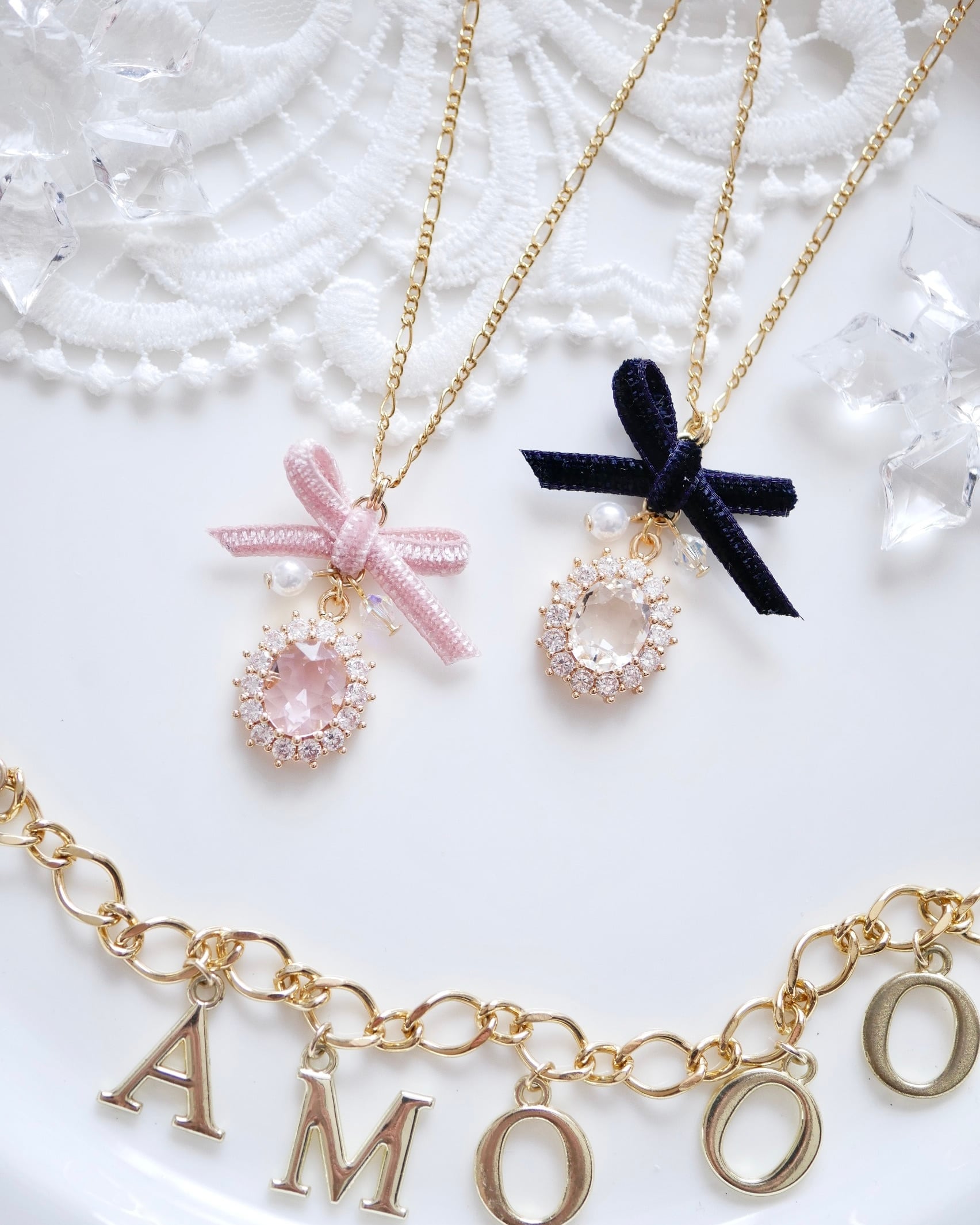 71014 ベルベットリボンジルコニアオーバルチャームネックレス