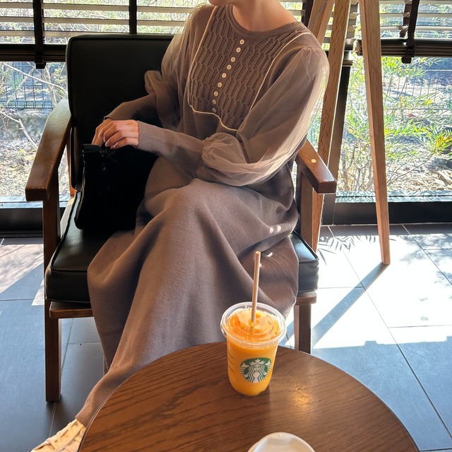 袖チュールニットワンピース【モカ】#