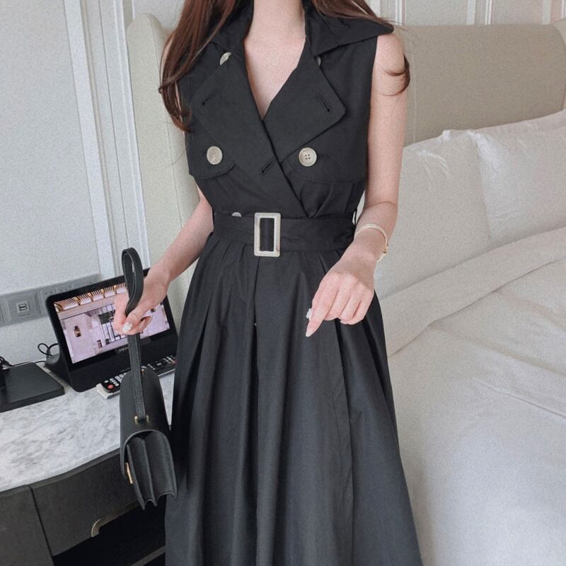 ワンピース ダブルブレスト 3色 ノースリーブ ロングワンピース 無地 通勤 ブラック ベージュ ホワイト Dresszone