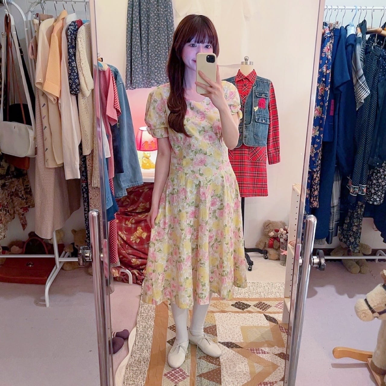 yellow pink flower ribbon sleeve one-piece