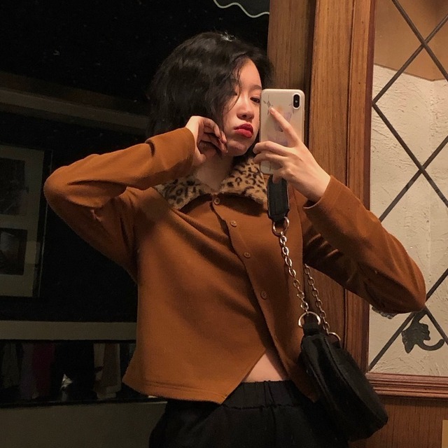 スタンダードカラーレオパードプリント柄シャツ レディースウィンターカーディガンセーター ロングバックルショートニットトップス レトロ 長袖 冬物 YY-ファッション53671617158