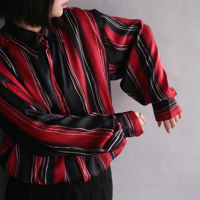 wide stripe pattern l/s fly front silk shirt