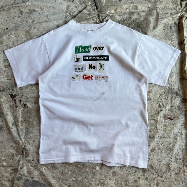 90s Humor T-shirt ユーモア   脅迫状   Tシャツ　チョコレート