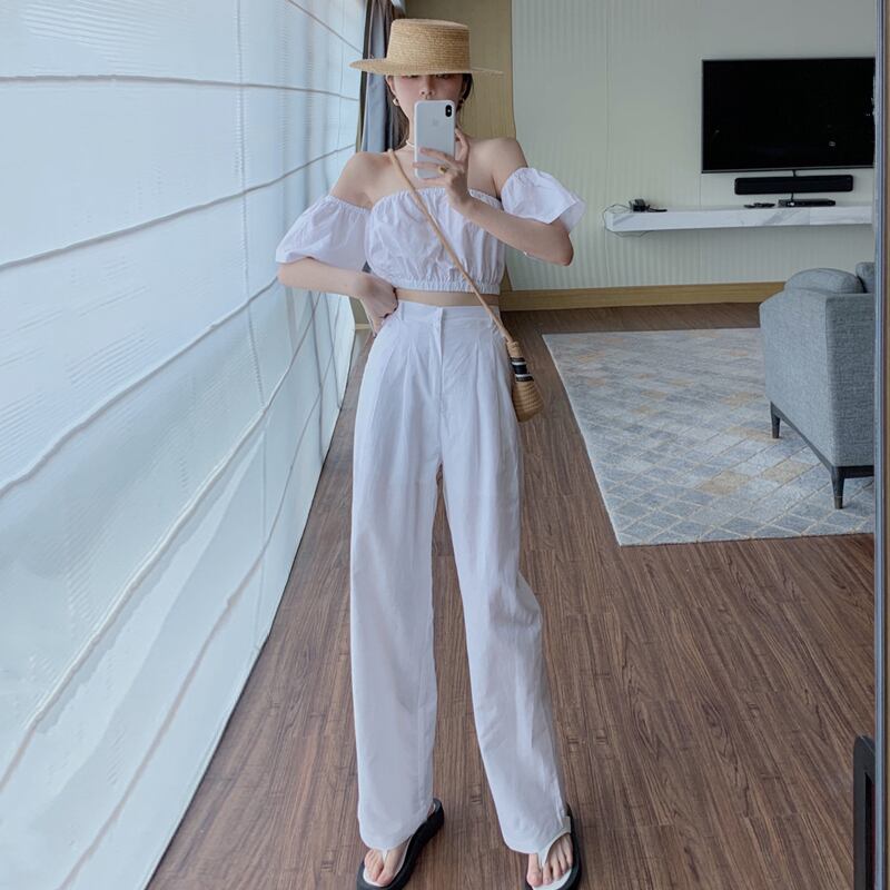 スタイルカラーシャツ ハイウェストウェストワイドレッグカジュアルパンツ ワイドパンツ ハンチェンe19341203364