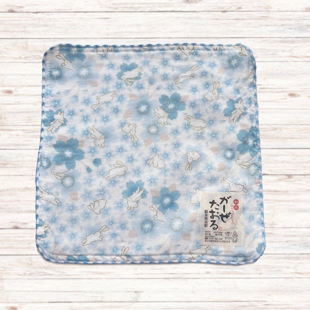 専用❤みかん❤ニット×６重ガーゼ⭐ハンドタオル❤花うさぎ…ブルー系① 2枚セット ウサギのガーゼタオル ピンクとブルー ハンカチたおる 日本