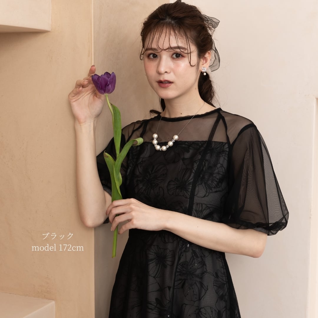 0402-150 スパンコール刺繍パフスリーブドレス | a.r.azalearose