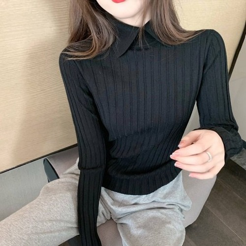 リブニット レディース タイト 襟付き ニット レディース 長袖 ショート丈 ストライプ リブニット 長袖 秋冬 かわいい ニット レディース タイト 襟付き リブニット ショート丈 長袖 おしゃれ