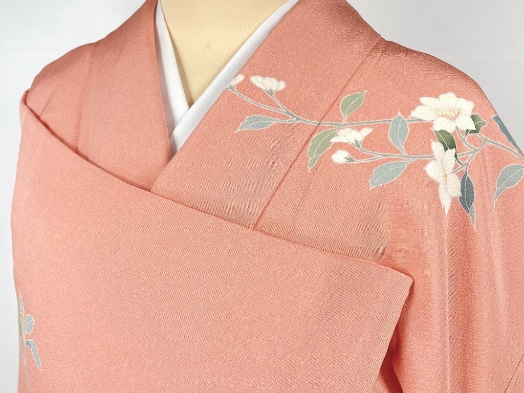 上質な小紋　手描き　草花文　逸品　着物　袷　正絹　ベビーピンクオレンジ