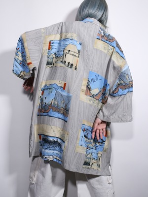"冨嶽三十六景" multi square graphic over silhouette s/s shirt