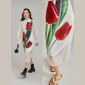 油絵チューリップの花束を描いたコーディネートスカート E00169