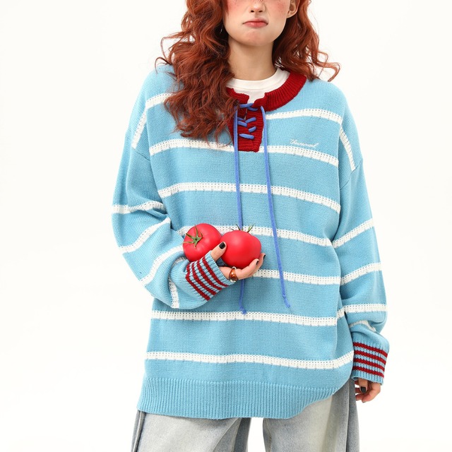 blue striped lace-up knit　ブルーボーダーレースアップニット　J1499