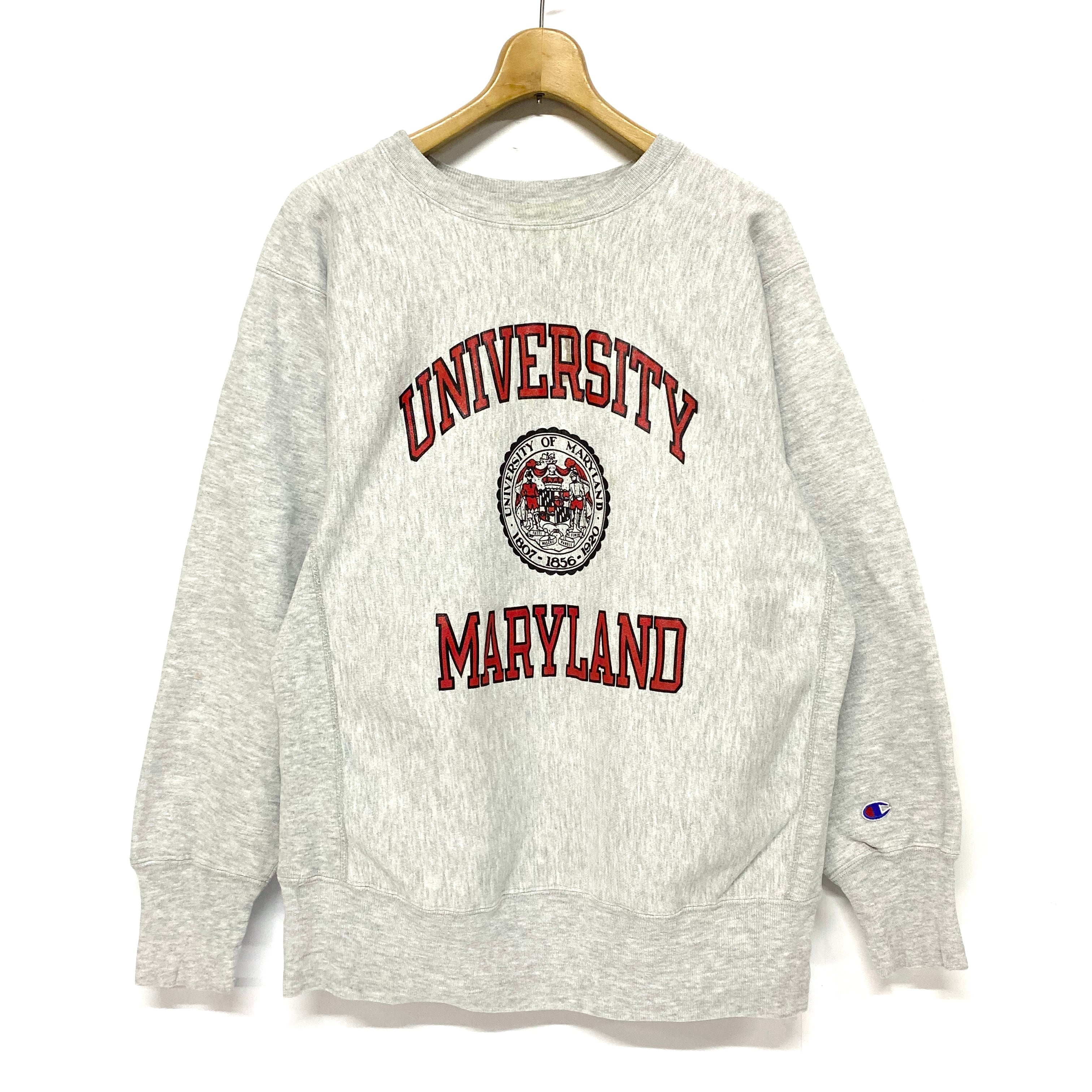 90年代 刺繍タグ Champion チャンピオン REVERSE WEAVE リバースウィーブ MARYLAND UNIVERSITY  メリーランド大学 3段プリント カレッジスウェット ヴィンテージ ライトグレー オートミール 灰色 メンズL 古着 【スウェット】 | cave