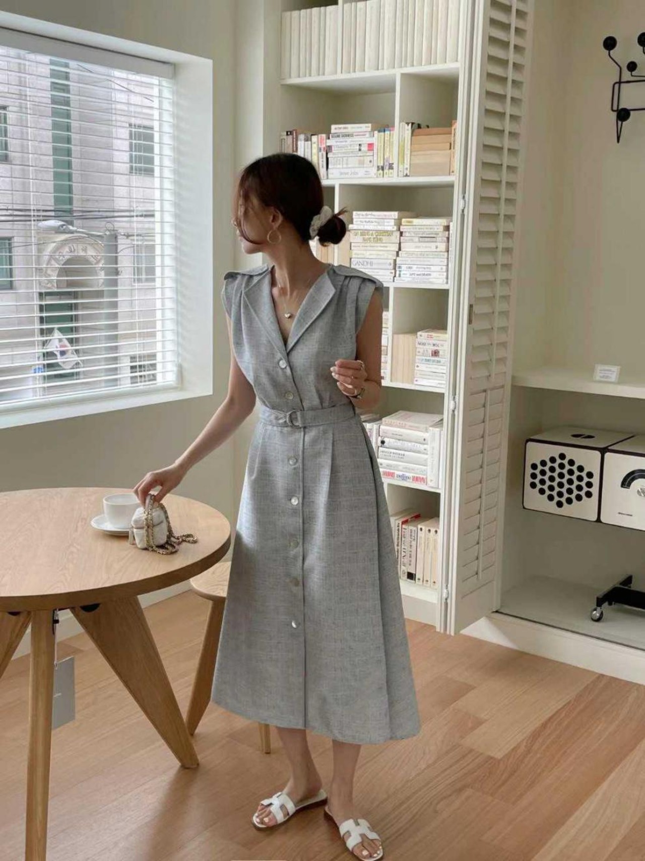 シャツボタンノースリーブワンピ_061086