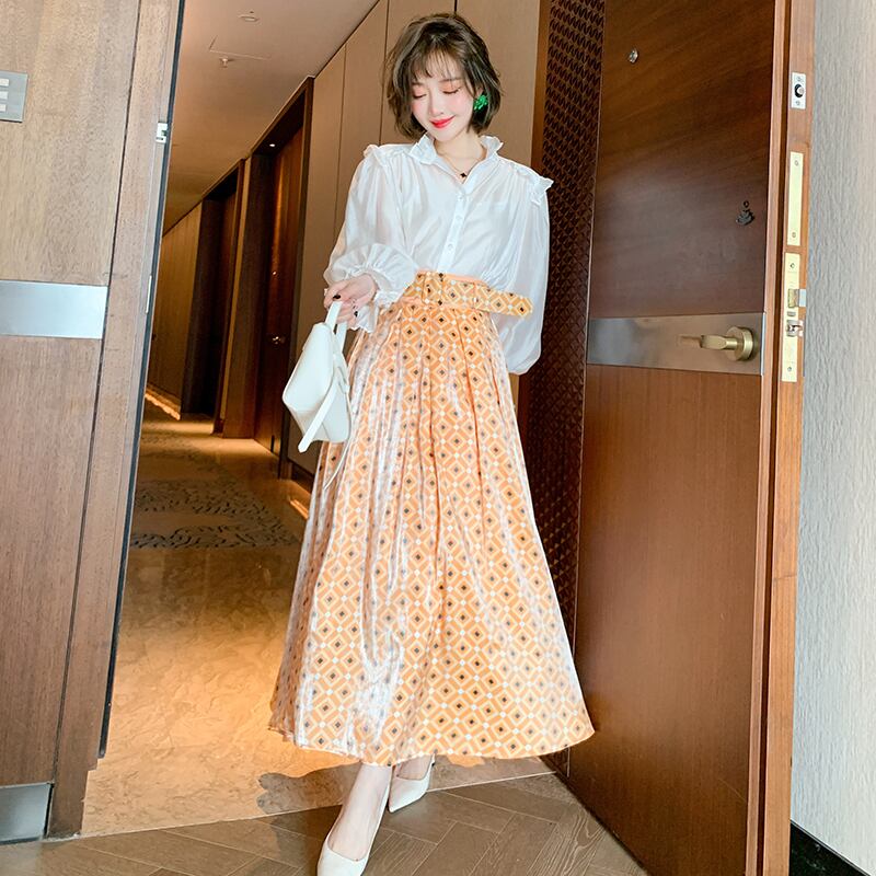 プリーツレースVネックシャツ パターンハイウェストウェストロングスカート スプリング 春物 MIUCO11750317923