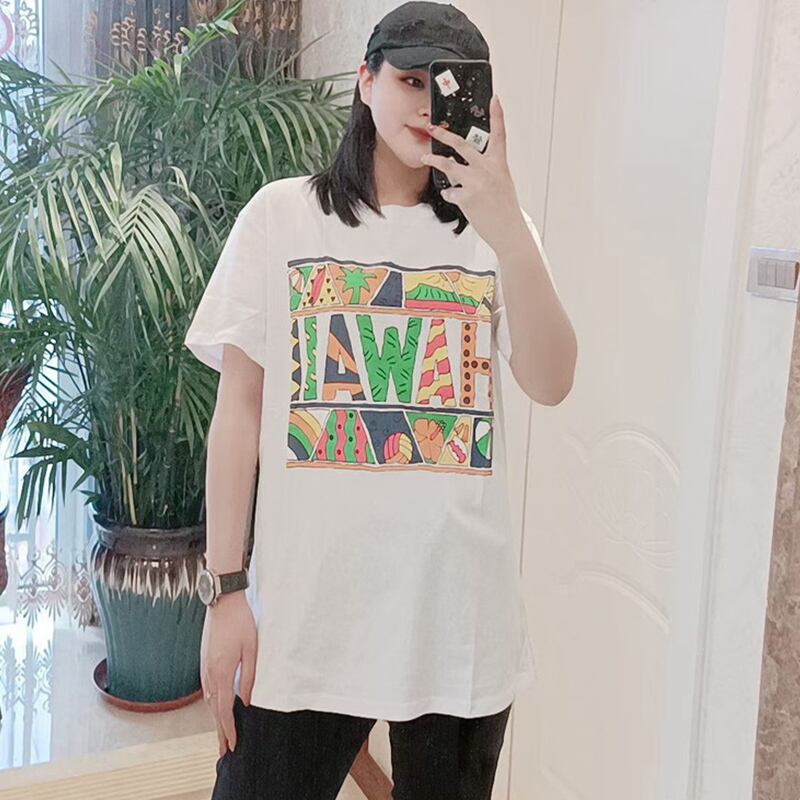 サマーカラープリントパターンソリッド ラウンドネックTシャツ シャツ カジュアル 大きめサイズ 夏物 Oネック ソリッドカラー ミックスインファッション54655211231