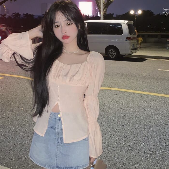 オータムスタンダードレッドスリムトップス スタイルシャツ レディース ロング レトロ 大人ガーリー スウィート キュート カジュアル 秋物 ドラファッションホール58753224974