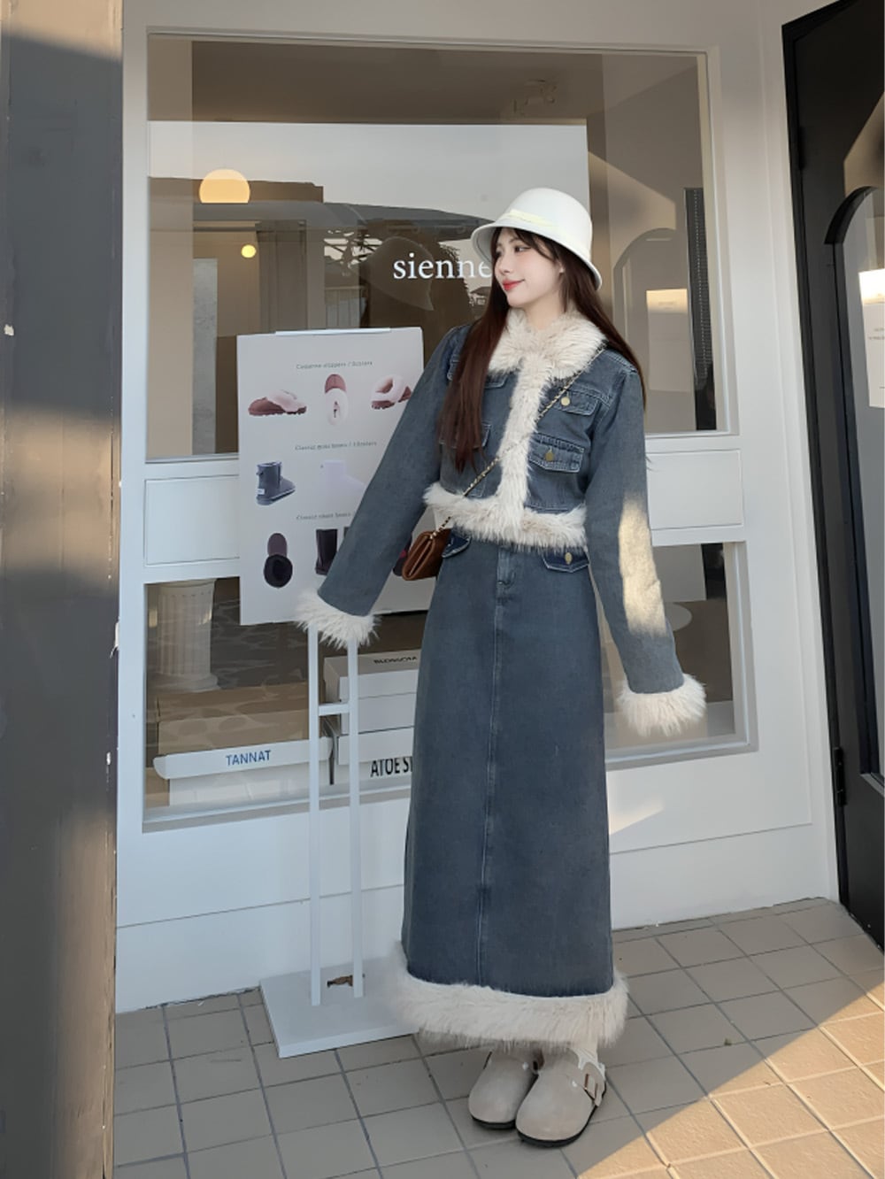 ポイントファーデザインロング＆ショートデニムセットアップ | 韓国