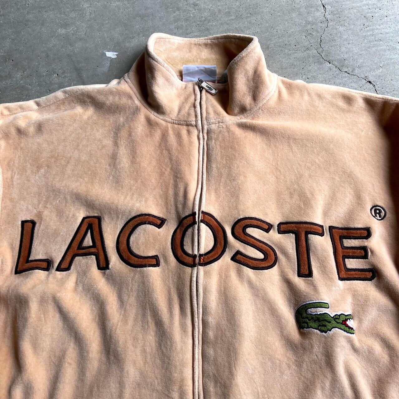 LACOSTE ラコステ ビッグロゴ 両面 刺繍 タオル地 ベロア ジャージ ジャケット メンズXL相当 古着  ベージュ【ジャージ・トラックジャケット】 | cave 古着屋【公式】古着通販サイト