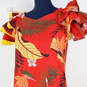 フラダンス 衣装 ワンピース ドレス レッド系 ハワイアンプリント アロハ 植物柄 フラワープリント リボン フリル アシンメトリー レッスン 練習 華やか 鮮やか かわいい イエロー系 大人 おしゃれ エスニック 色鮮やか ロングドレス ショートスリーブ