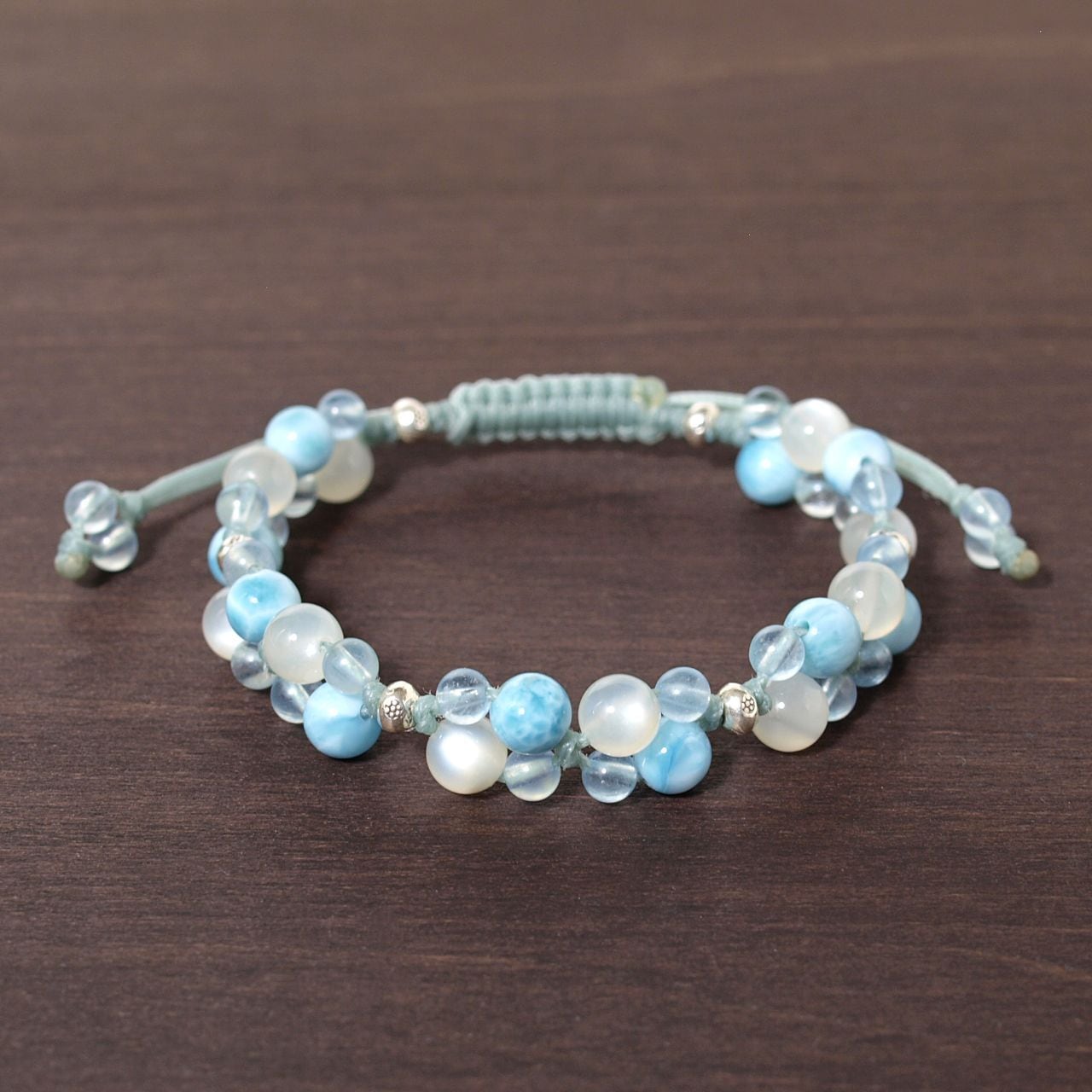 ラリマー+ムーンストーン+アクアマリン花*花マクラメブレスレット