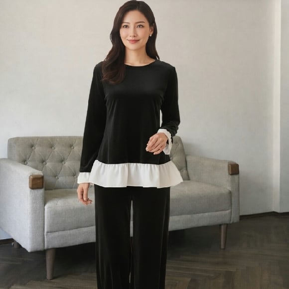 【Pont Neuf ポンヌフ 新品】ストレッチベロアトップス異素材使いドッキングプルオーバー ブラックM L 新品 BA3001 働く女子 通勤コーデ 大人可愛いコーディネート