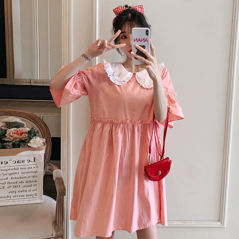 【新作】【送料無料】 マタニティウェア2020夏の新しい綿とリネンのステッチ人形の襟のドレスプラスサイズの脂肪MMミドルレングスのマタニティドレス-アリババ コットン 大きめサイズ サマー 夏物 expec217386684781