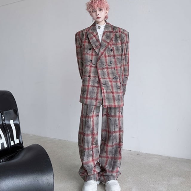 【予約販売】メンズ セットアップ スーツ レッド ブルー チェック柄 男前 スーツ ハンサム ジャケット パンツ カジュアル フォーマル パーティ 二次会 同窓会 結婚式 韓国 トレンド 春 夏 冬 秋 S/M/L