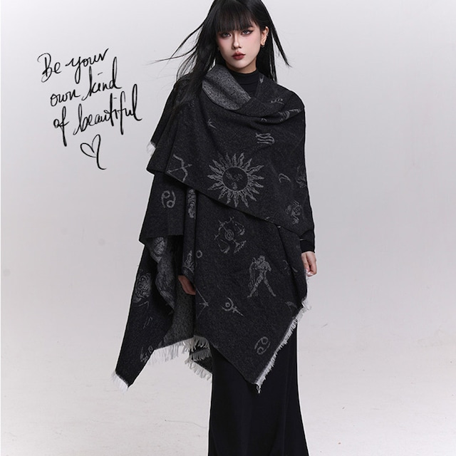 ゴシック調 天体モチーフ 大判ストール｜黒系 ダークファッション・サブカル系コーデ対応 ショール｜天使と悪魔