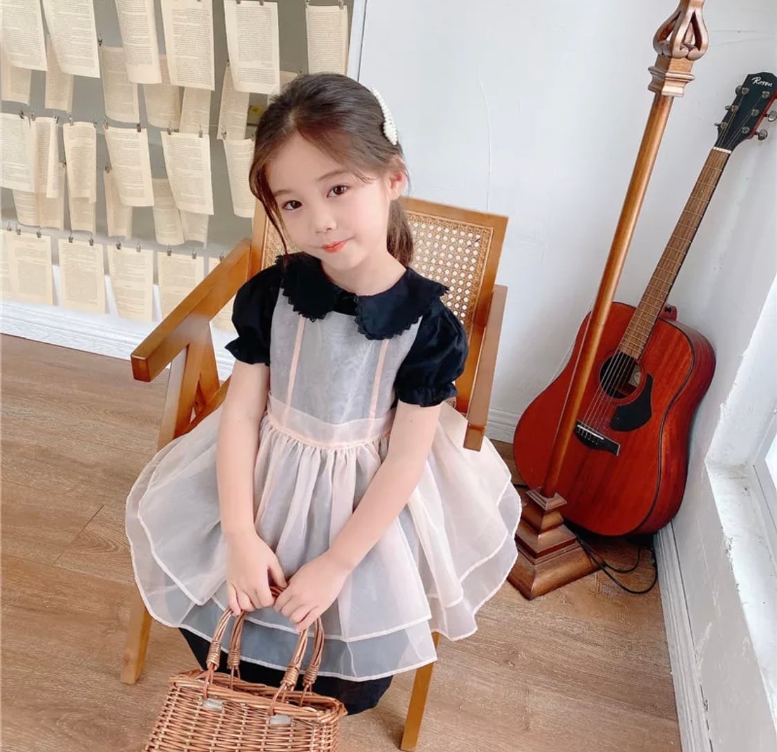 チュールエプロンワンピース 》 》》》 》》》》》 パフスリーブ 3WAY エプロン ワンピース ドレス キッズ プチプラ 海外子供服 インポート 女の子