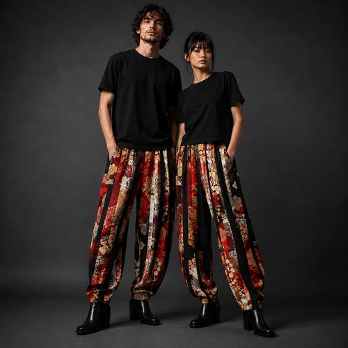 和紋様装飾ストライプ　レッド　和柄ハーレムパンツ