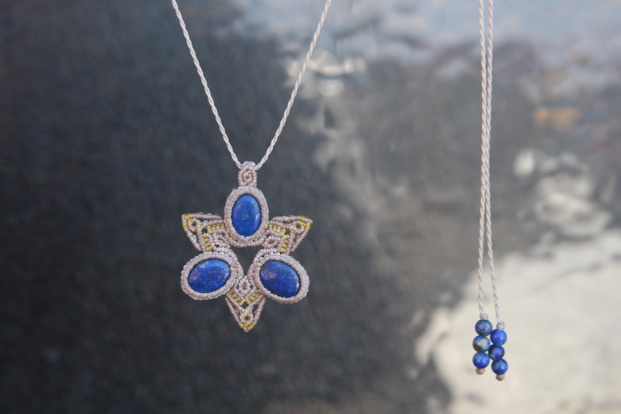 Lapis lazuli micro macrame hexagram pendant