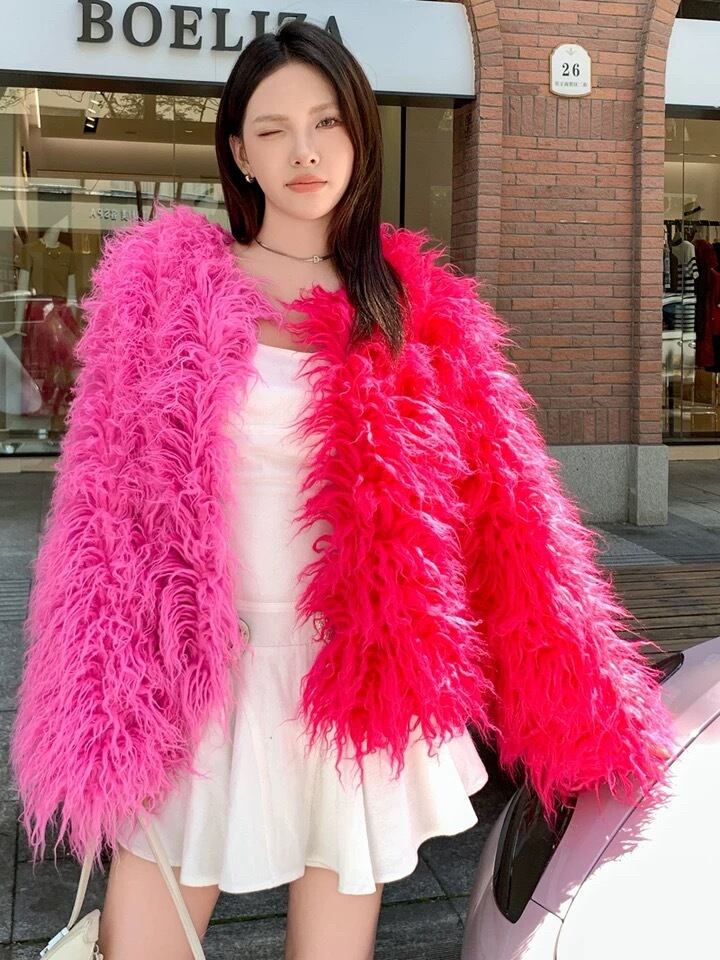 紫 ピンク バイカラー ファー コート | LOVEYsmileSHOP