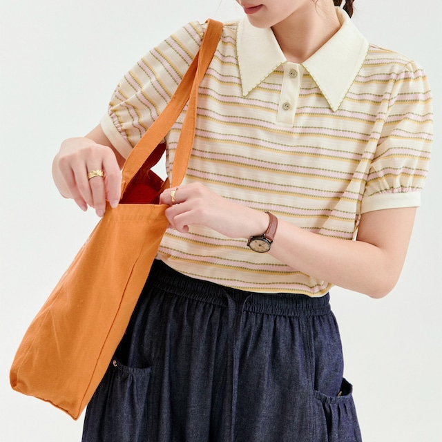 striped puff sleeve polo knit
