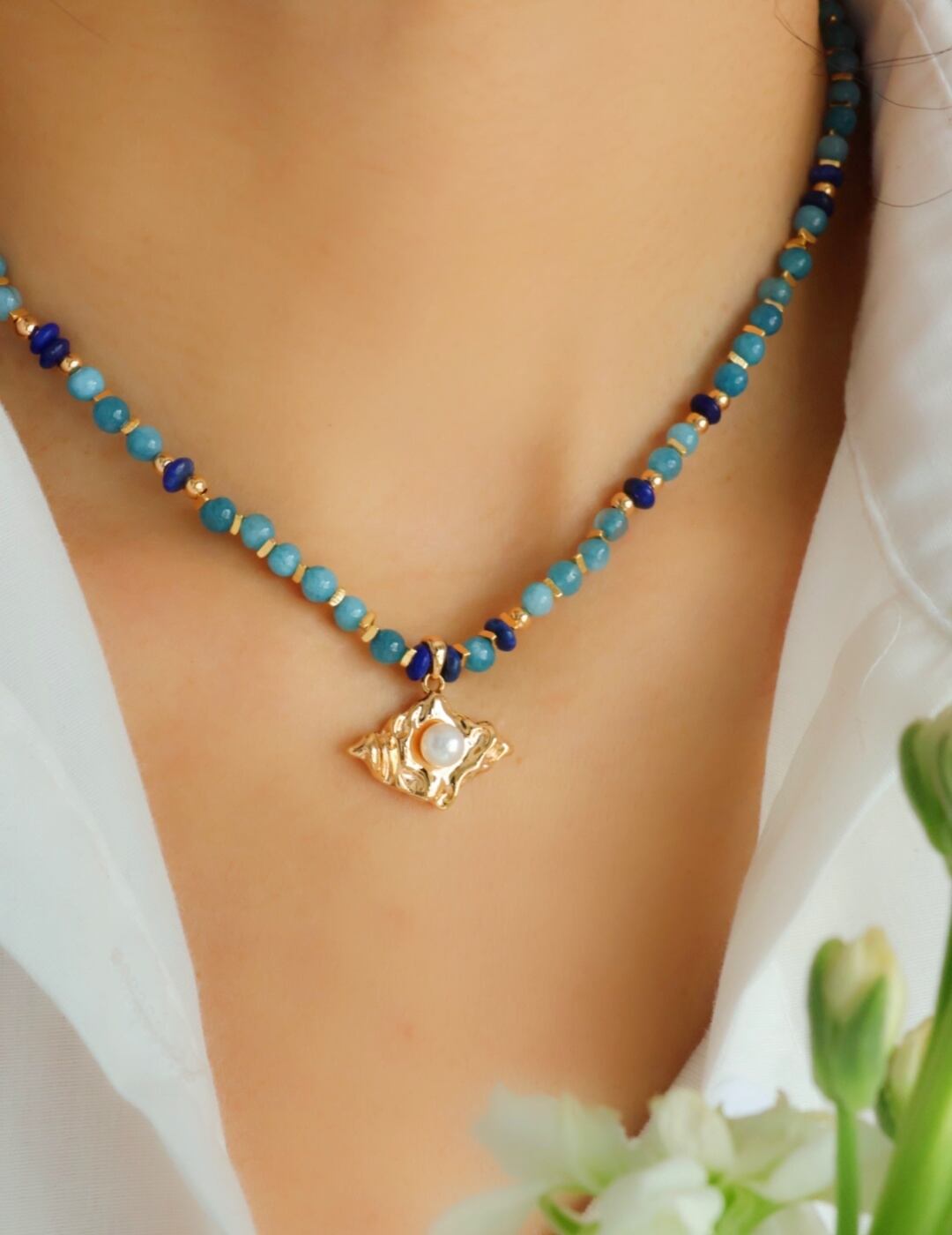 シルバー金メッキ&アマゾナイトネックレス 天然石&パール 天然ラピスラズリ