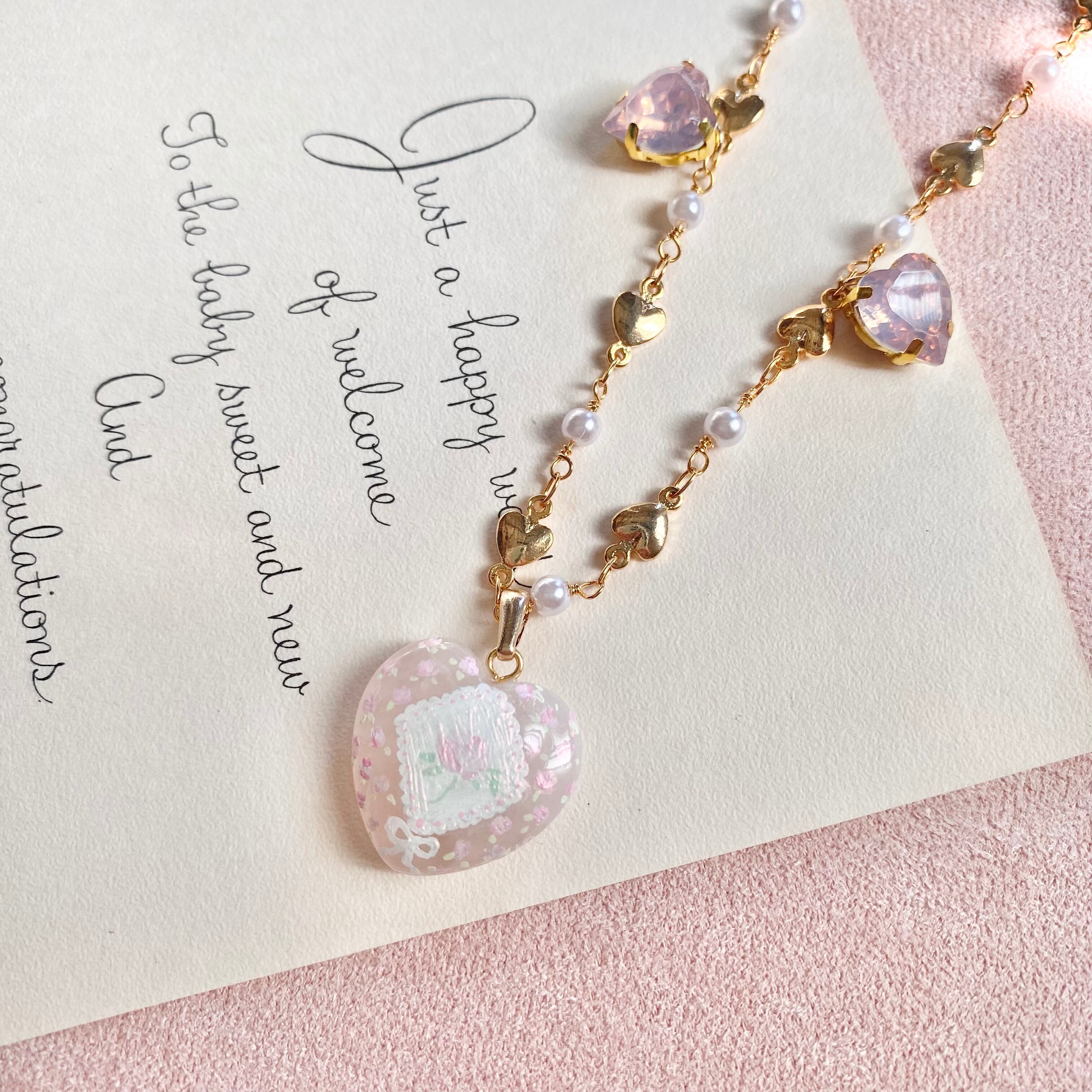 Hand painted heart stone neckless ペイントハンカチ柄ネックレス(PINK)