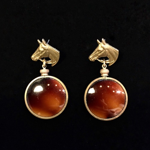 Brass horse brown disk drop earrings