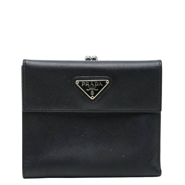 プラダ 三角ロゴプレート サフィアーノ がま口 ニつ折り財布 ブラック レザー レディース PRADA 【中古】