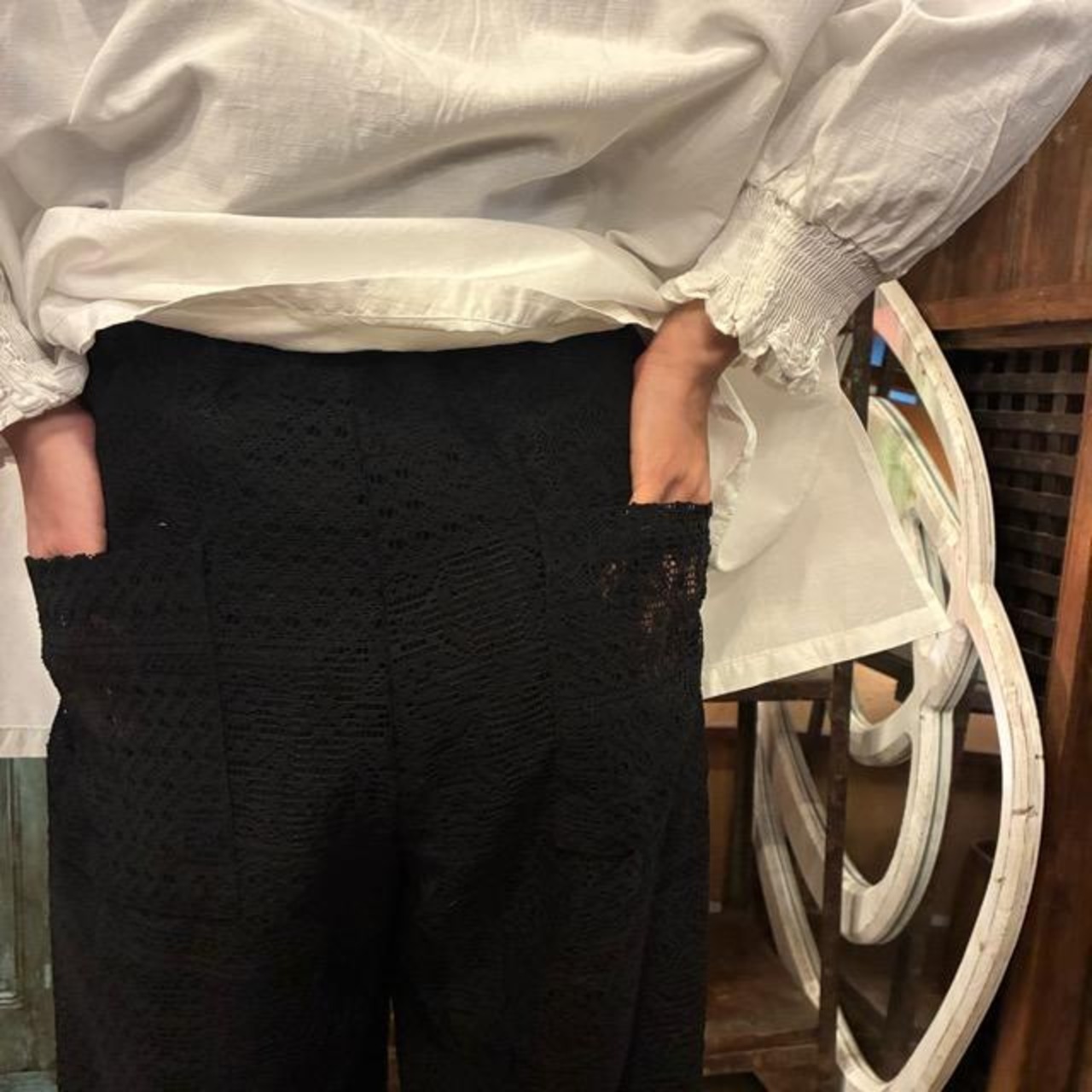 TISSU Patchwork Lace Jogger Pants in Black, Easy Fit, Long Length, Made in Japan, Universal Fit, Inner Pants