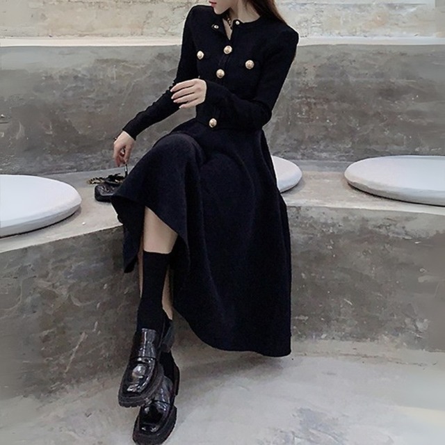 Single breast elegant large swing knit dress set up