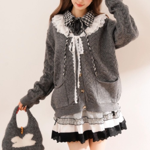 ゆめかわ♡お嬢様レース襟ニットカーディガンセットアップ　set72　