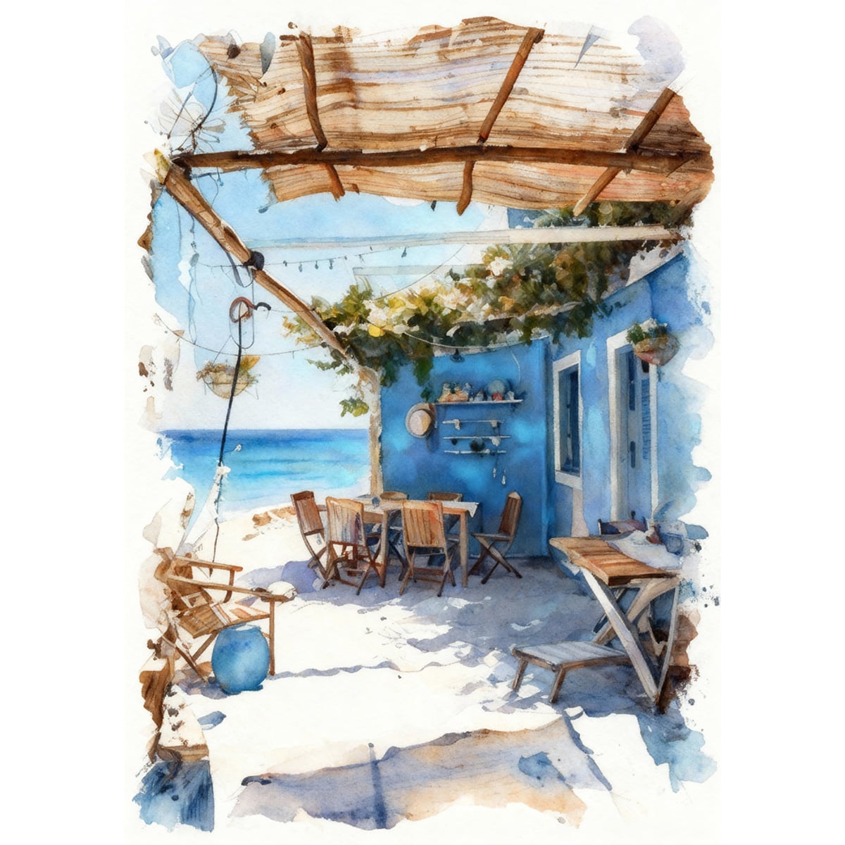 絵画 風景画 夏 ギリシャのレストラン インテリアアート額付き 水彩画